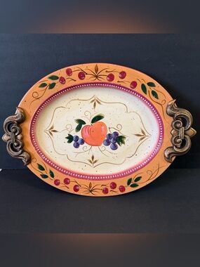Julie Ueland Ceramic Oval Sering Tray Mediterranean Fruit Peach Grape Terracotta